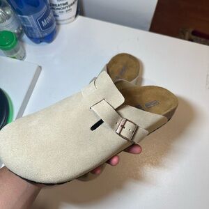 Birkenstock Cream and tan suede clogs